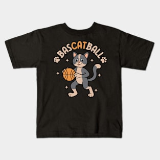 Bascatball Cat Playing Basketball Kids T-Shirt